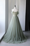 Gray Green Tulle Long Prom Dress, Lovely Off Shoulder A Line Evening Dress PFP2396