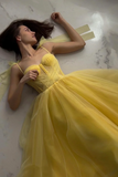 Yellow Tulle Long A Line Evening Dress, Cute Spaghetti Strap Prom Dress PFP2410