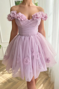 Off the Shoulder Lilac Floral Prom Dress, Off Shoulder Lilac Homecoming Dress PFH0458