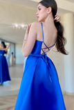 Royal Blue Satin A Line Spaghetti Straps Formal Prom Dress PFP2419