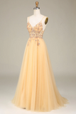 Charming Golden A Line Spaghetti Straps Long Prom Dress With Beading PFP2523