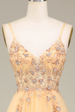 Charming Golden A Line Spaghetti Straps Long Prom Dress With Beading PFP2523