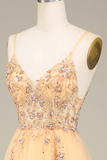 Charming Golden A Line Spaghetti Straps Long Prom Dress With Beading PFP2523