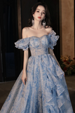 Pretty Light Blue Floral Short Sleeves Long Prom Dress, Light Blue Evening Dress PFP2611