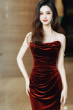 Wine Red Velvet Long Mermaid Wedding Party Dress, Wine Red Prom Dress PFP2612