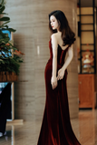 Wine Red Velvet Long Mermaid Wedding Party Dress, Wine Red Prom Dress PFP2612