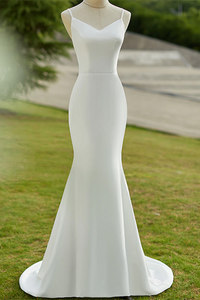 Lovely White Mermaid Straps Long Wedding Party Dress, White Long Formal Dress PFP2613