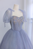 Blue Tulle Beaded Floor Length Prom Dress, A Line Short Sleeve Evening Party Dress PFP2616