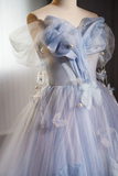 A Line Off Shoulder Tulle Flower Blue Long Prom Dress, Blue Long Formal Dress PFP2617