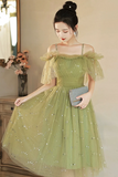 Green Spaghetti Strap Tulle Short Prom Dress, Charming Knee Length A Line Party Dress PFP2619