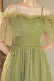 Green Spaghetti Strap Tulle Short Prom Dress, Charming Knee Length A Line Party Dress PFP2619