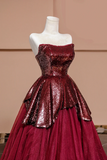 Burgundy Tulle Sequins Long Prom Dress, A Line Strapless Evening Party Dress PFP2620