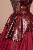 Burgundy Tulle Sequins Long Prom Dress, A Line Strapless Evening Party Dress PFP2620