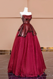 Burgundy Tulle Sequins Long Prom Dress, A Line Strapless Evening Party Dress PFP2620