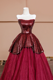 Burgundy Tulle Sequins Long Prom Dress, A Line Strapless Evening Party Dress PFP2620