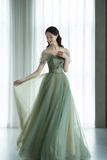 Green Tulle Long Prom Dress, Lovely A Line Off the Shoulder Evening Party Dress PFP2621