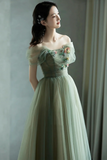 Green Tulle Long Prom Dress, Lovely A Line Off the Shoulder Evening Party Dress PFP2621