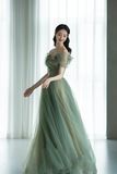 Green Tulle Long Prom Dress, Lovely A Line Off the Shoulder Evening Party Dress PFP2621