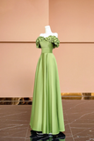 Green Satin Floor Length Prom Dress, Off the Shoulder Evening Party Dress PFP2622