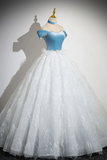 A Line Tulle Lace White Blue Long Prom Dress, White Blue Long Evening Dress PFP2624