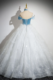 A Line Tulle Lace White Blue Long Prom Dress, White Blue Long Evening Dress PFP2624