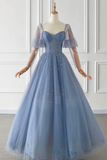 Blue Tulle Beaded Long Sleeve Prom Dress, A Line Blue Evening Party Dress PFP2625