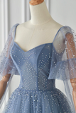 Blue Tulle Beaded Long Sleeve Prom Dress, A Line Blue Evening Party Dress PFP2625