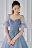 Blue Tulle Beaded Long Sleeve Prom Dress, A Line Blue Evening Party Dress PFP2625