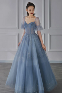 Blue Tulle Beaded Long Sleeve Prom Dress, A Line Blue Evening Party Dress PFP2625