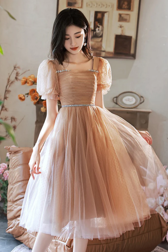 A Line Champagne Tulle Short Prom Dress, Champagne Homecoming Dress PFH0453