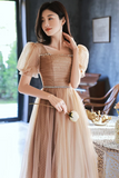 A Line Champagne Tulle Short Prom Dress, Champagne Homecoming Dress PFH0453