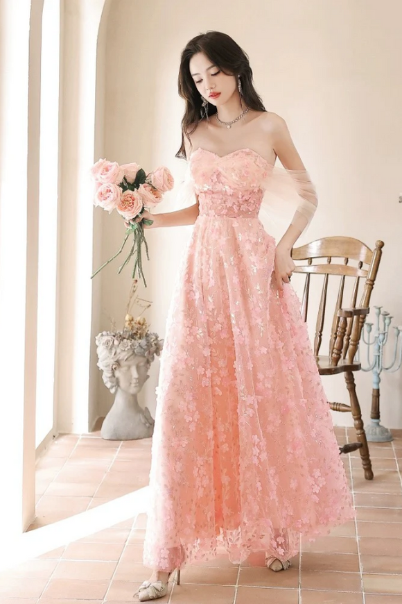 A Line Off Shoulder Tulle Lace Pink Long Prom Dress, Pink Long Formal Dress PFP2628