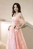 A Line Off Shoulder Tulle Lace Pink Long Prom Dress, Pink Long Formal Dress PFP2628