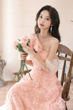 A Line Off Shoulder Tulle Lace Pink Long Prom Dress, Pink Long Formal Dress PFP2628