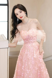 A Line Off Shoulder Tulle Lace Pink Long Prom Dress, Pink Long Formal Dress PFP2628