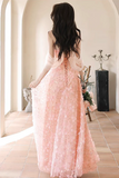 A Line Off Shoulder Tulle Lace Pink Long Prom Dress, Pink Long Formal Dress PFP2628