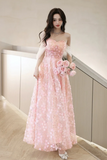 A Line Off Shoulder Tulle Lace Pink Long Prom Dress, Pink Long Formal Dress PFP2628