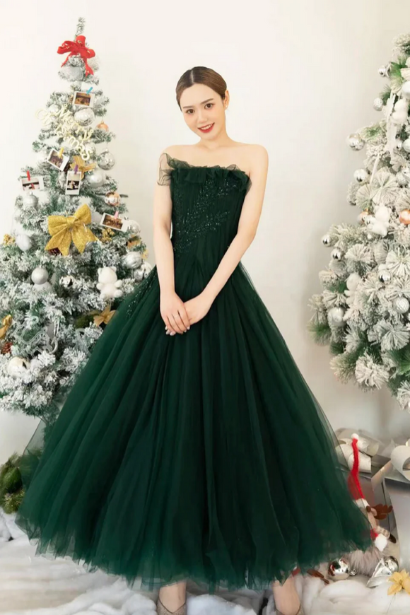 Lovely Strapless Tulle Tea Length Party Dress, Green A Line Formal Evening Dress PFH0454