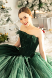 Lovely Strapless Tulle Tea Length Party Dress, Green A Line Formal Evening Dress PFH0454