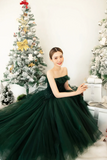 Lovely Strapless Tulle Tea Length Party Dress, Green A Line Formal Evening Dress PFH0454