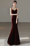 Wine Red Velvet Straps Low Back Long Prom Dress, Wine Red Party Dress PFP2629