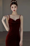 Wine Red Velvet Straps Low Back Long Prom Dress, Wine Red Party Dress PFP2629