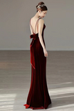 Wine Red Velvet Straps Low Back Long Prom Dress, Wine Red Party Dress PFP2629