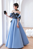 Blue Satin Sweetheart With Bow Long Party Dress, Blue A Line Prom Dress Evening Dress PFP2631