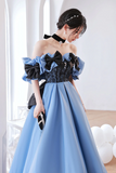 Blue Satin Sweetheart With Bow Long Party Dress, Blue A Line Prom Dress Evening Dress PFP2631