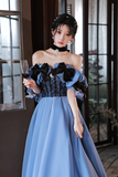 Blue Satin Sweetheart With Bow Long Party Dress, Blue A Line Prom Dress Evening Dress PFP2631