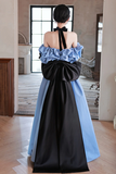 Blue Satin Sweetheart With Bow Long Party Dress, Blue A Line Prom Dress Evening Dress PFP2631