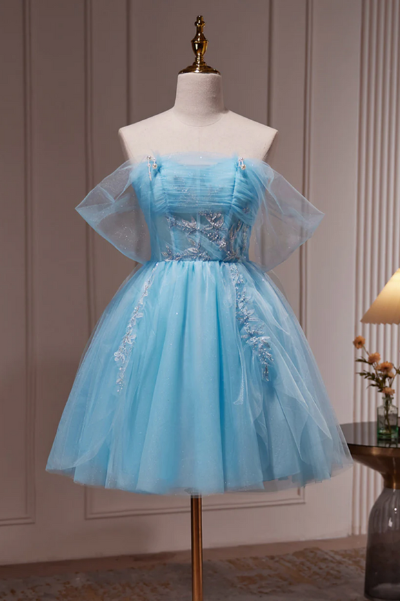 Lovely Light Blue Tulle Short Beaded Formal Dress, Blue Homecoming Dress PFH0455