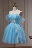 Lovely Light Blue Tulle Short Beaded Formal Dress, Blue Homecoming Dress PFH0455