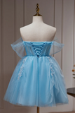 Lovely Light Blue Tulle Short Beaded Formal Dress, Blue Homecoming Dress PFH0455